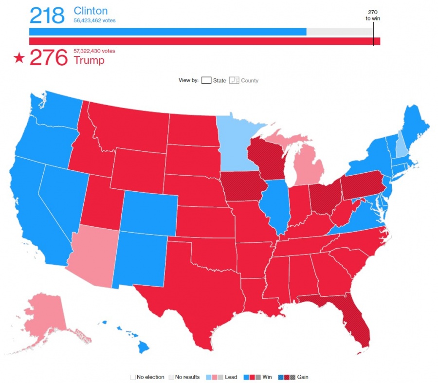 Карта США. Настроение избирателей на выборах президента США